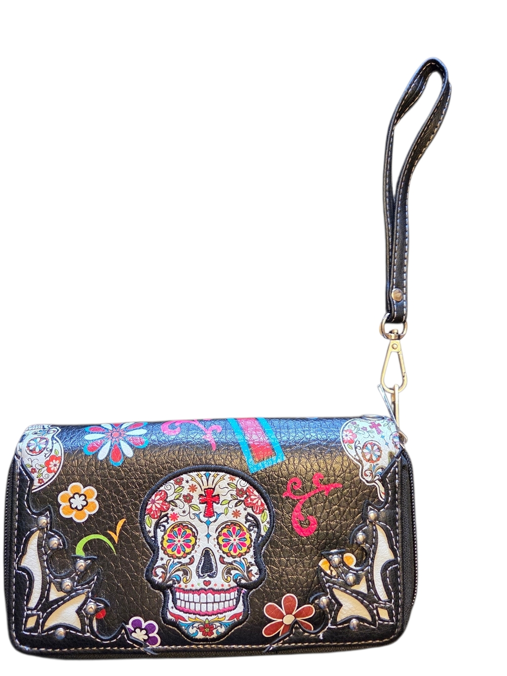 Black Floral Sugar Skull Wristlet Clutch